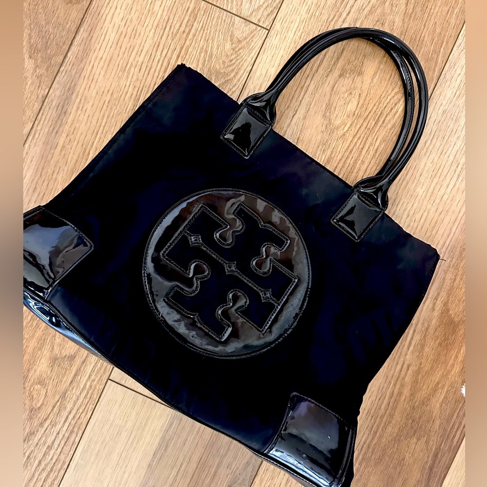 Tory Burch large black vinyl tote